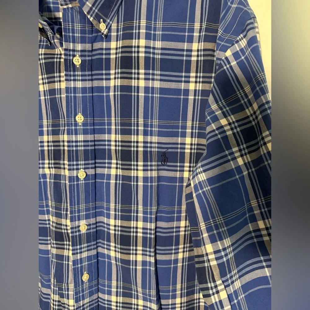 Ralph Lauren Polo 100%‎ Cotton Stretch XLT Long Sleeve Blue White Plaid Shirt